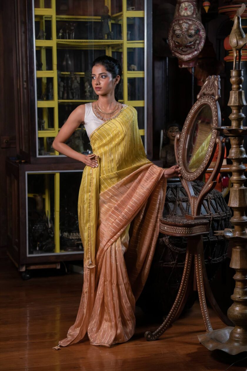 Organza silk crepe saree with intricate beadwork - Image 2