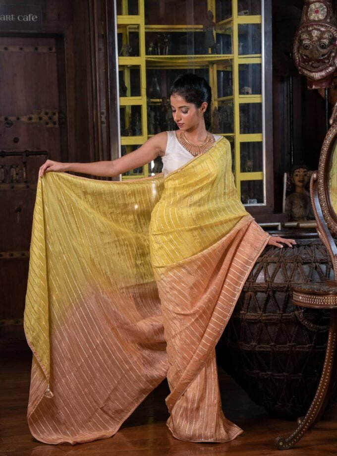 Organza silk crepe saree with intricate beadwork