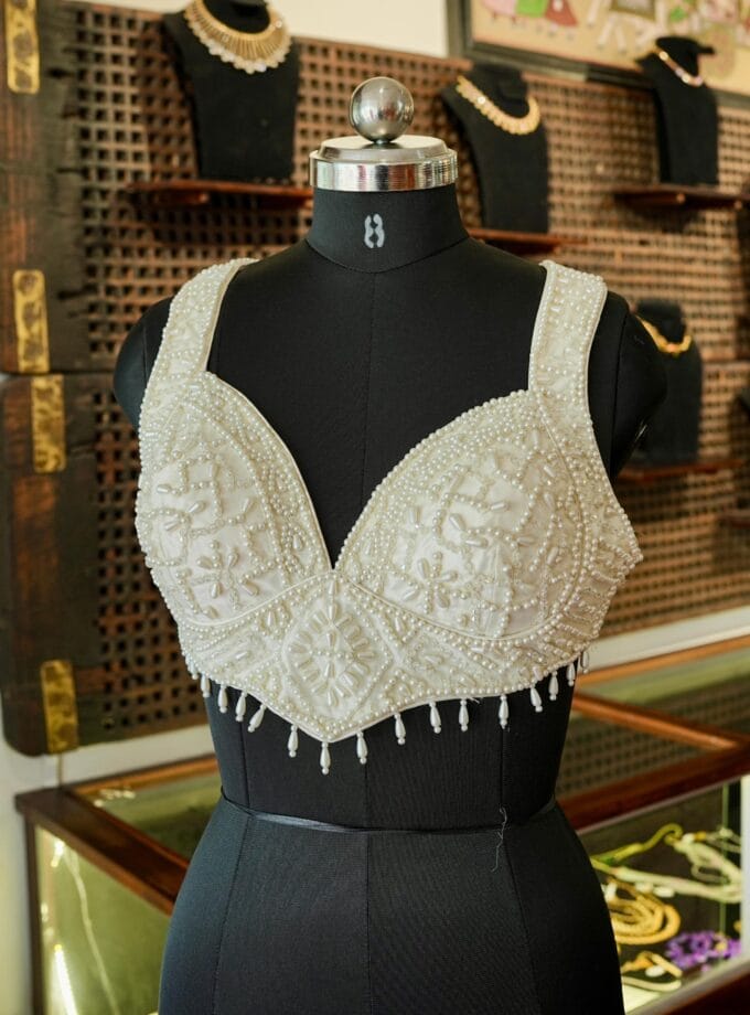 Handcrafted Pearl Embellished Lace Blouse – Convertible Fit