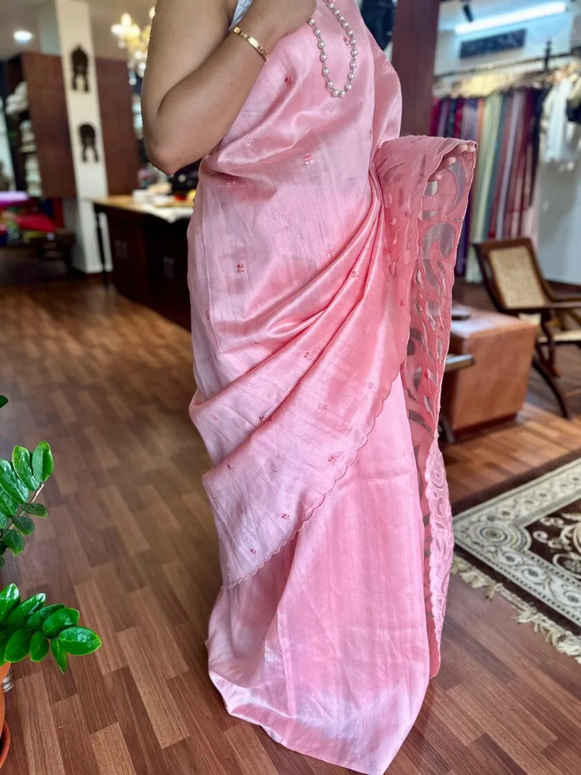 Rose Petals Ghicha Tussar Silk Saree with Appliqué Work – Handwoven Elegance - Image 4
