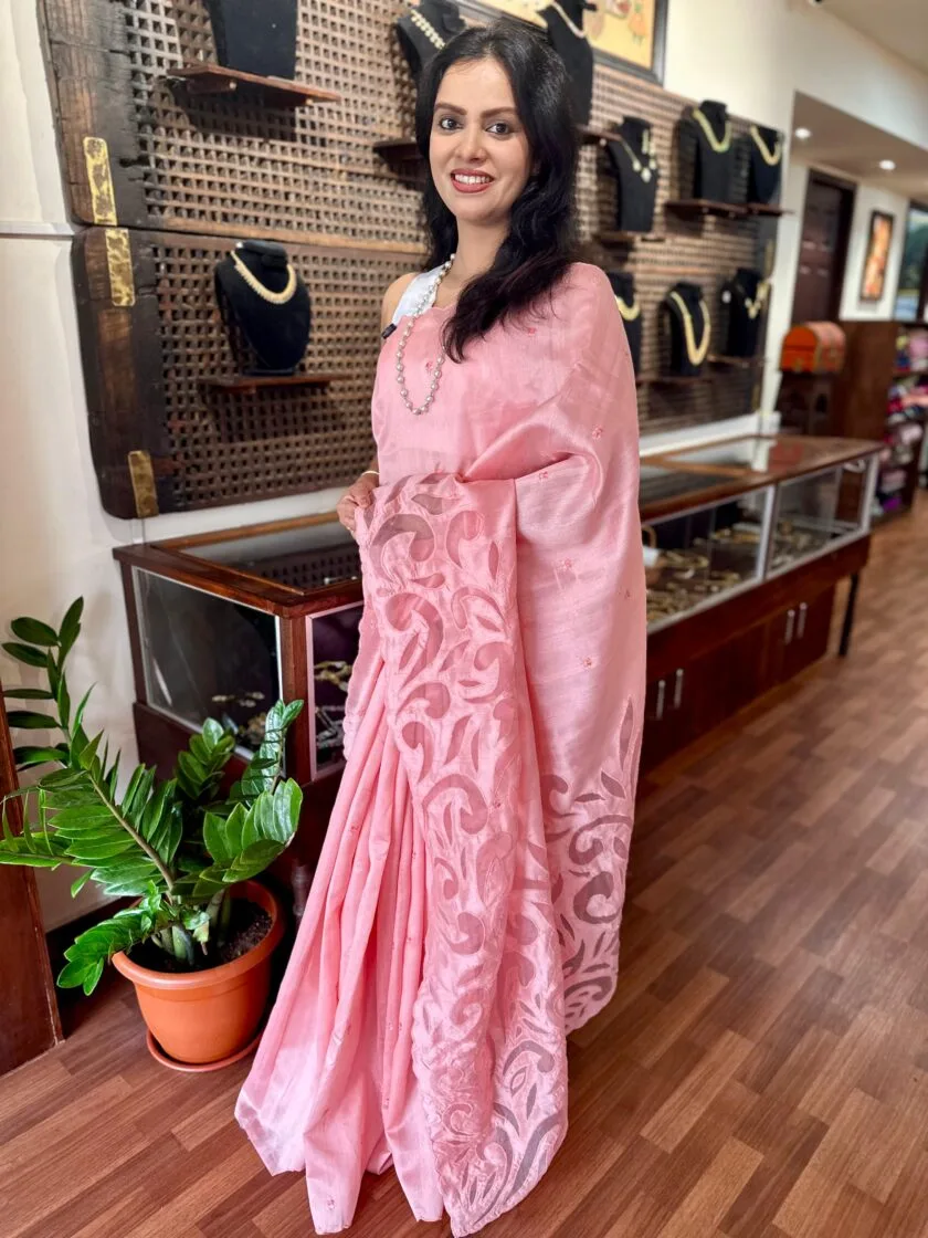 Rose Petals Ghicha Tussar Silk Saree with Appliqué Work – Handwoven Elegance