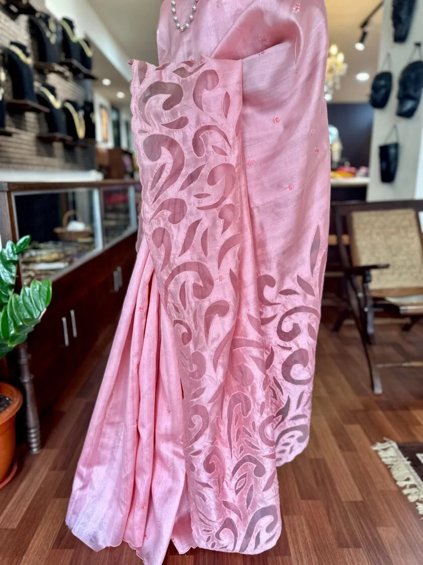 Rose Petals Ghicha Tussar Silk Saree with Appliqué Work – Handwoven Elegance - Image 3
