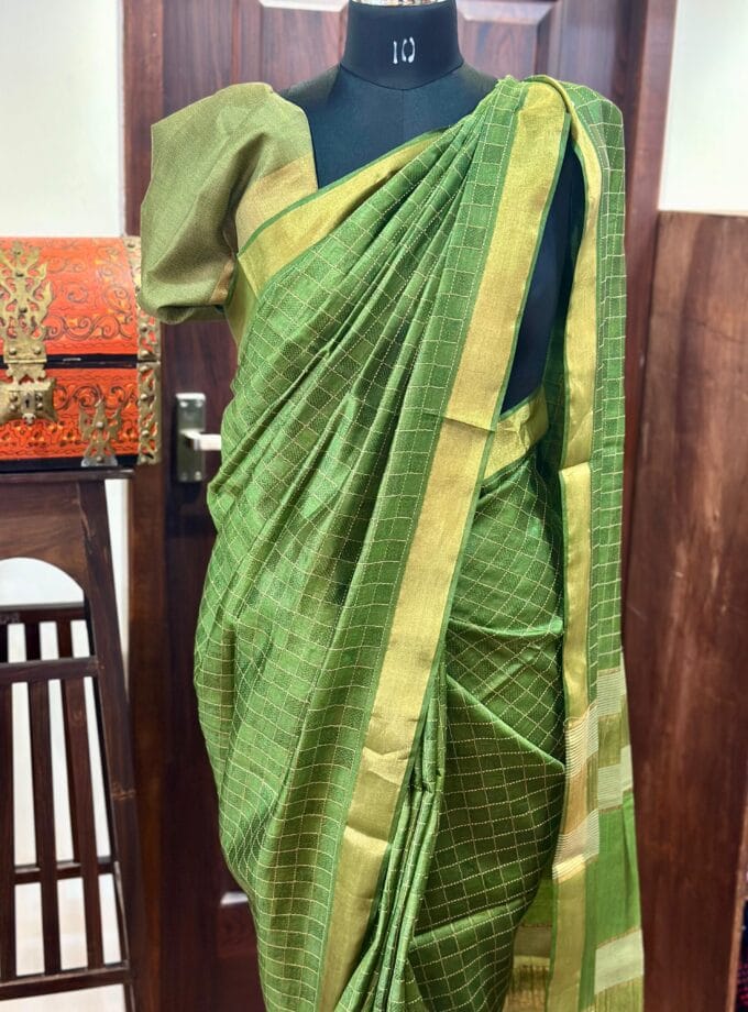 Parrot Green Desi Tussar Saree with Checked Woven Pattern and Zari Border