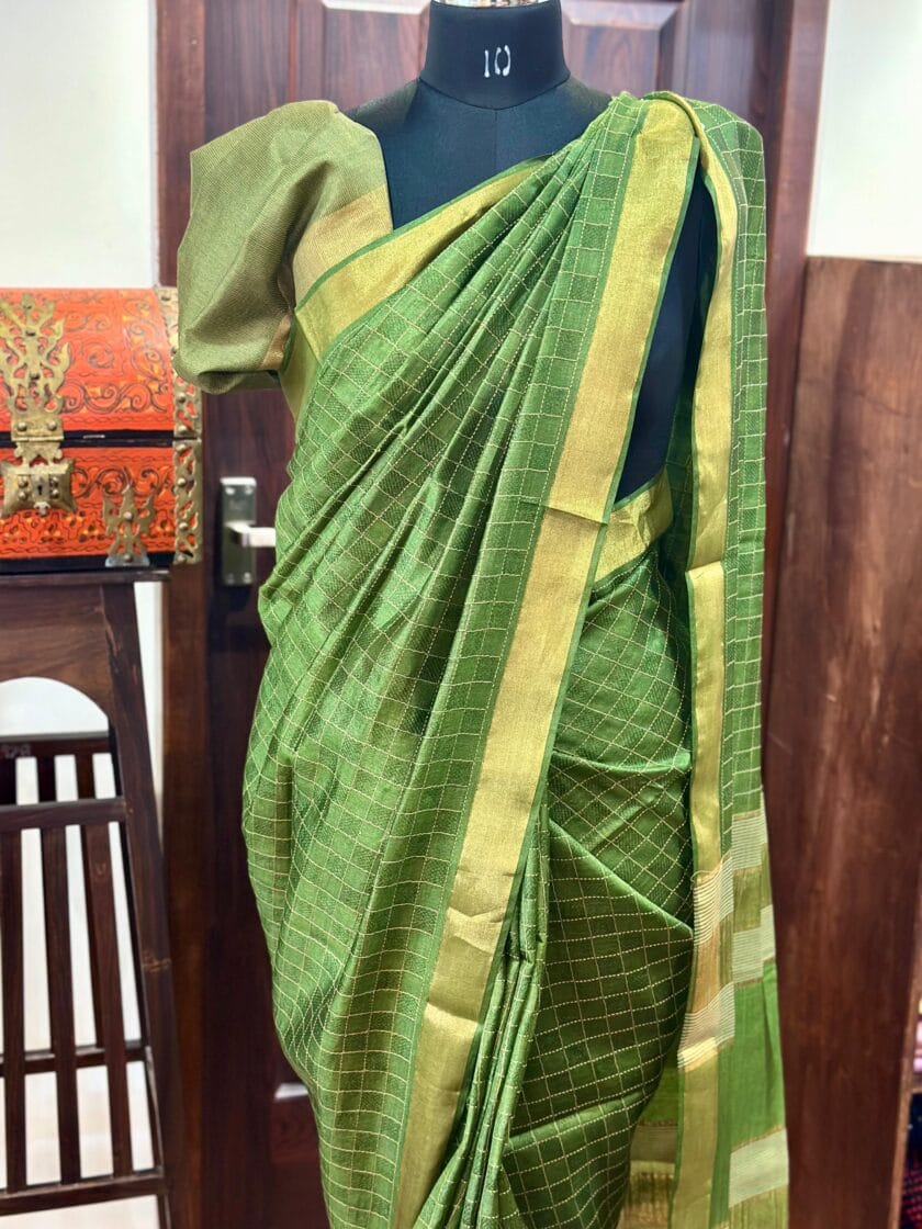 Parrot Green Desi Tussar Saree with Checked Woven Pattern and Zari Border