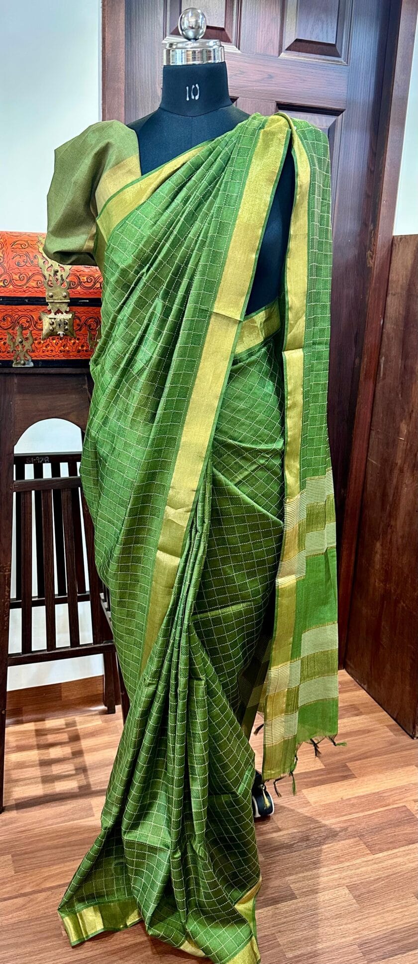 Parrot Green Desi Tussar Saree with Checked Woven Pattern and Zari Border - Image 2