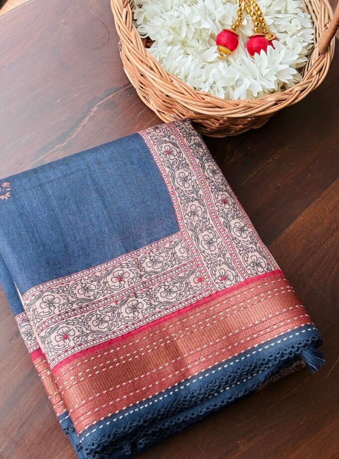 navy blue matt tussar saree